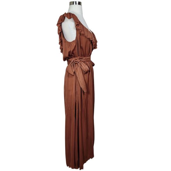 Zara Satin Ruffle Pleated Wrinkle Wide Leg Keyhole Boho Chic Jumpsuit Size Large - Picture 5 of 12